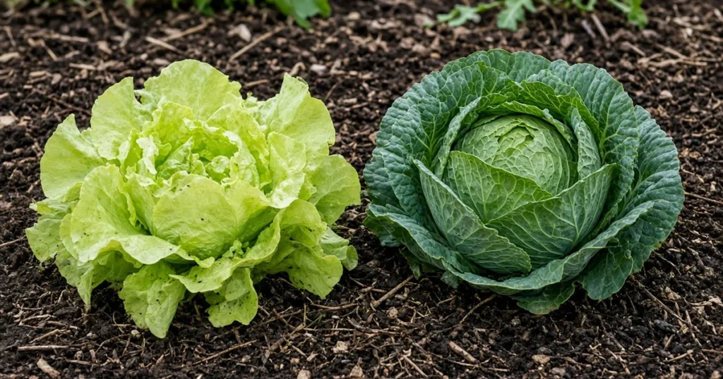 Head of lettuce beside a cabbage