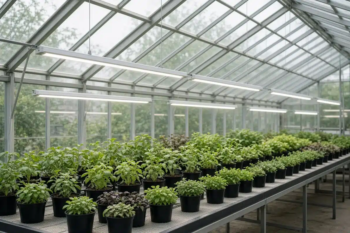 Light bars spaced across a greenhouse bench