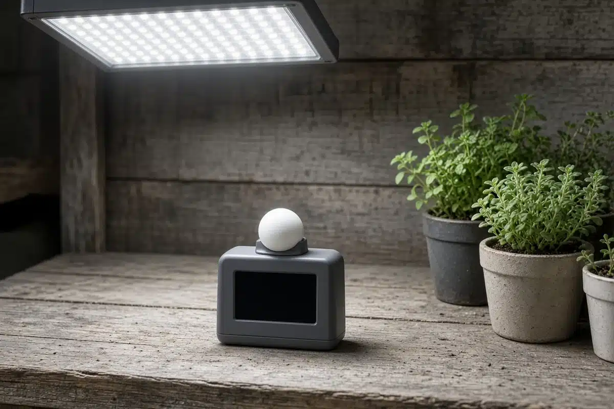 Light meter on a bench under a grow light