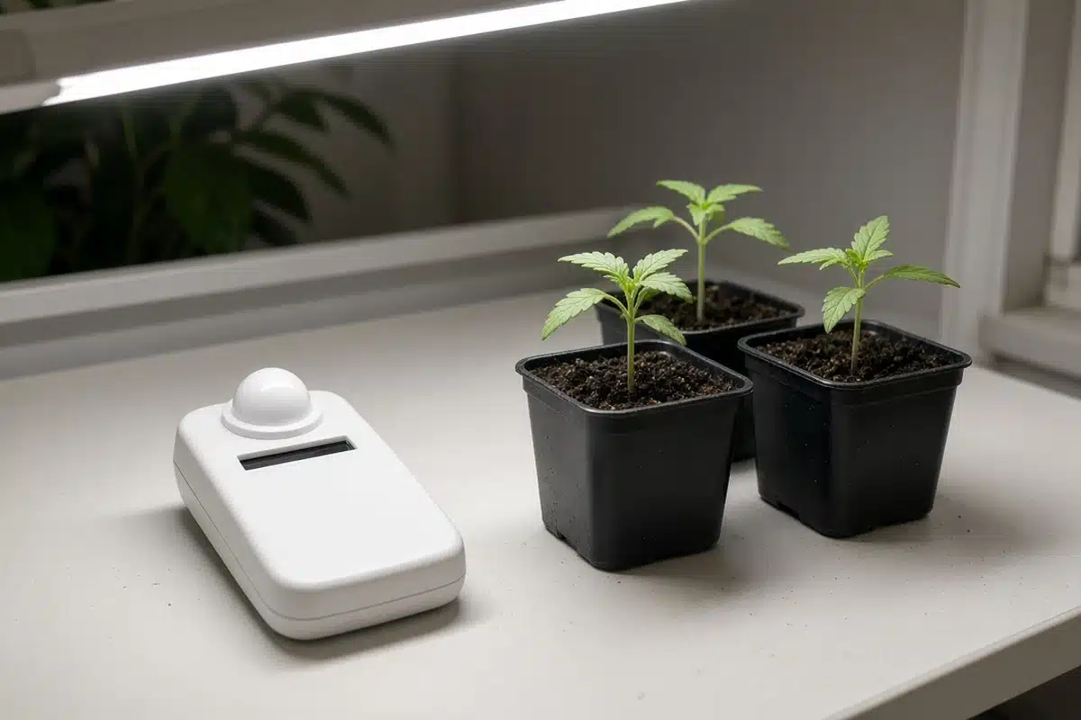 Light meter resting beside young cannabis seedlings in pots