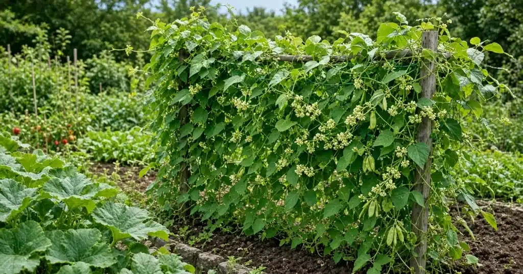 Lima bean vines with flowers and small pods in a garden