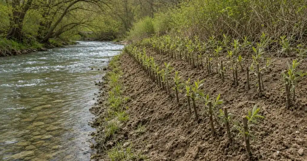 Willow live stakes growing along a stream bank