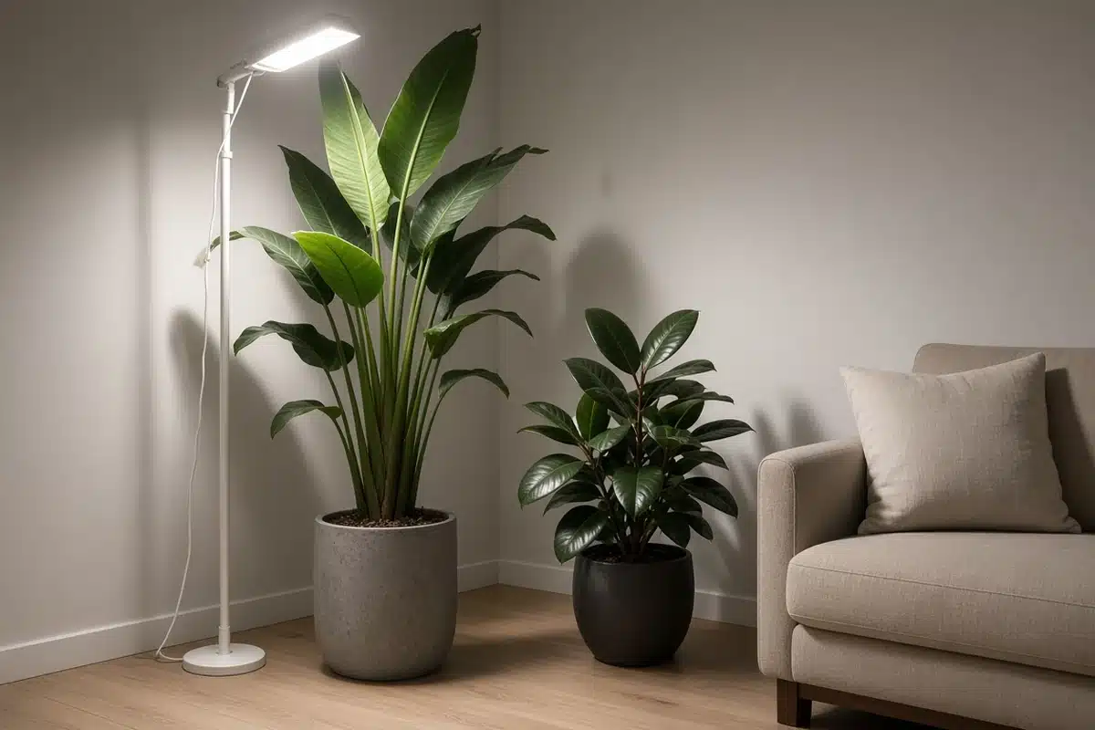 Living room plants lit by an angled white fixture