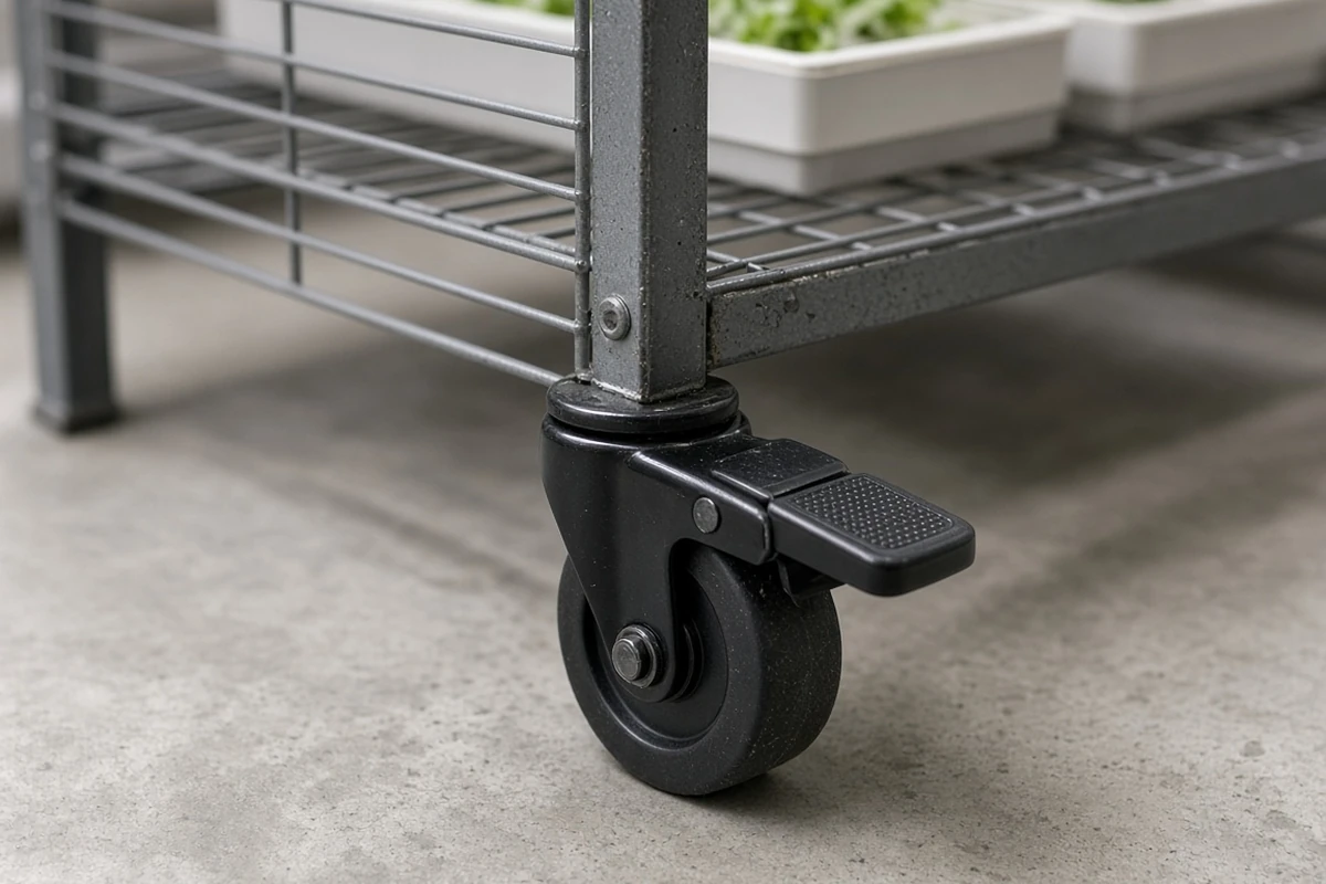Locking caster on a metal grow rack