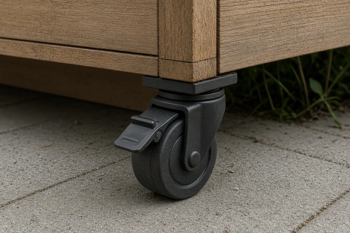 Locking caster wheel under a wooden planter box