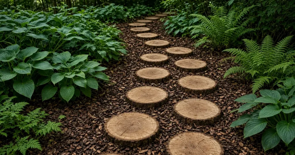 Log round stepping stones set in wood chips
