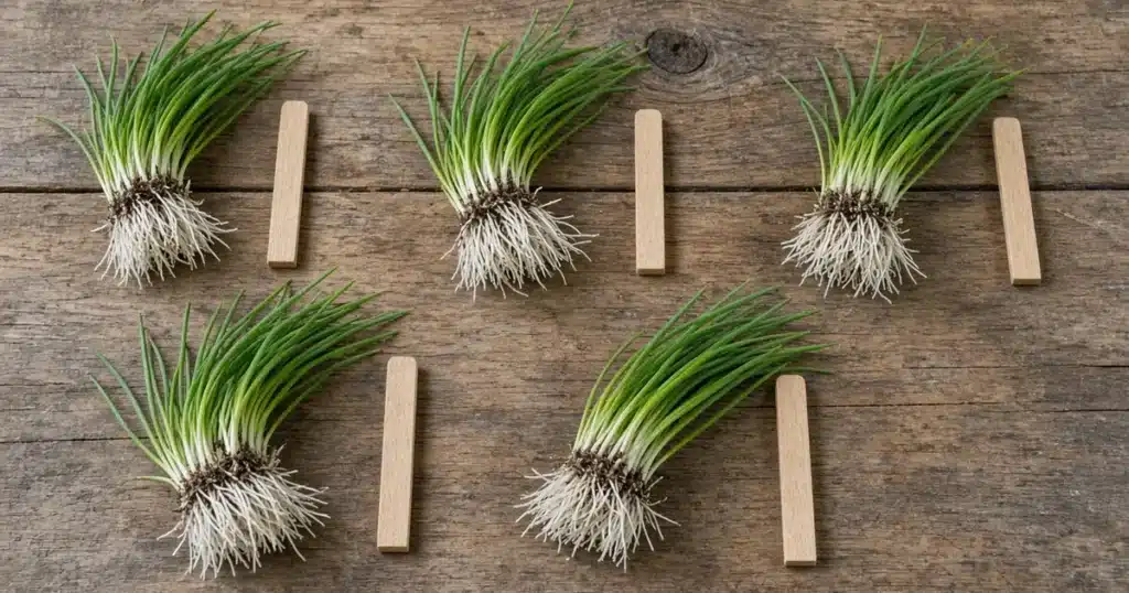 Five bundles of onion transplants beside blank wooden stakes