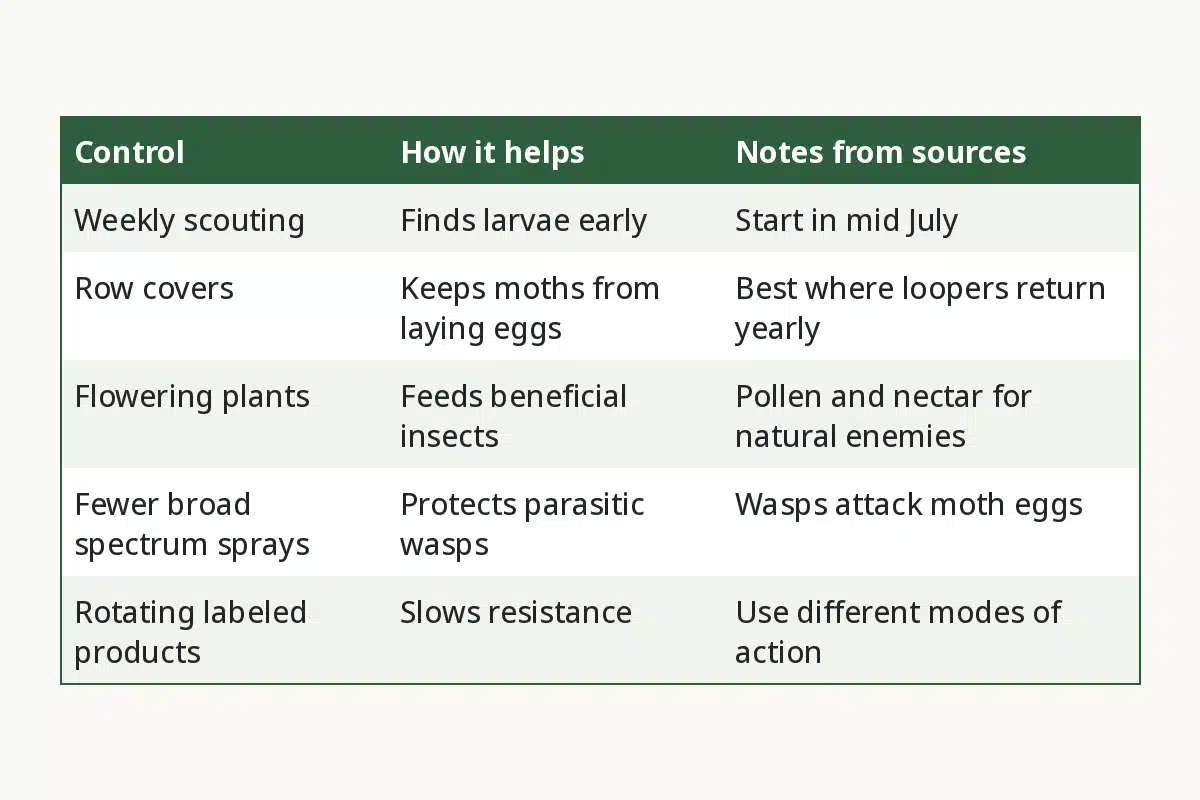 Looper Controls Compared. Control, How it helps, Notes from sources. Weekly scouting, Finds larvae early, Start in mid July. Row covers, Keeps moths from laying eggs, Best where loopers return yearly. Flowering plants, Feeds beneficial insects, Pollen and nectar for natural enemies. Fewer broad spectrum sprays, Protects parasitic wasps, Wasps attack moth eggs. Rotating labeled products, Slows resistance, Use different modes of action.