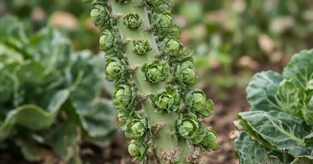 Brussels sprouts stalk with loose open sprouts