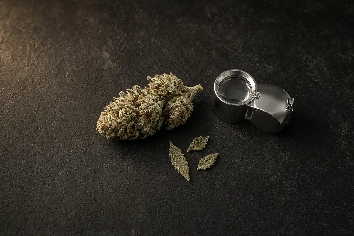 Jeweller's loupe beside a frosty harvested cannabis branch