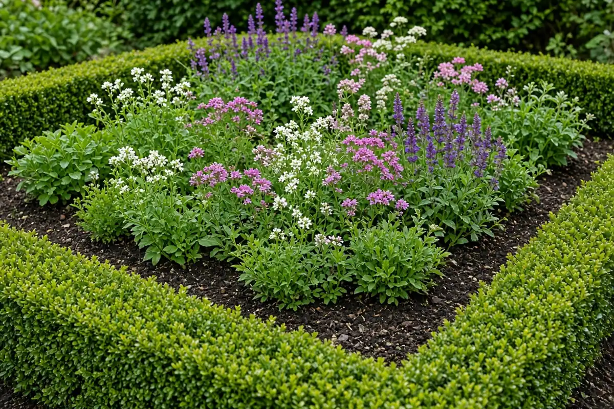 Low clipped hedge framing a bed