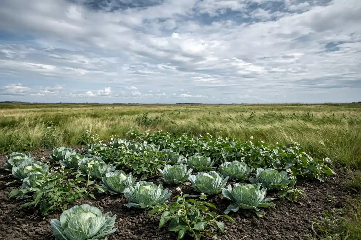 Low growing vegetables in an open windy plot