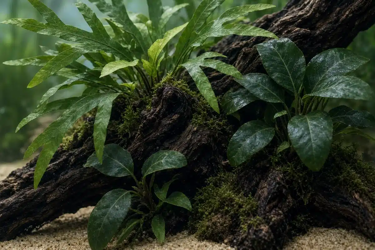 Low light aquarium plants on driftwood