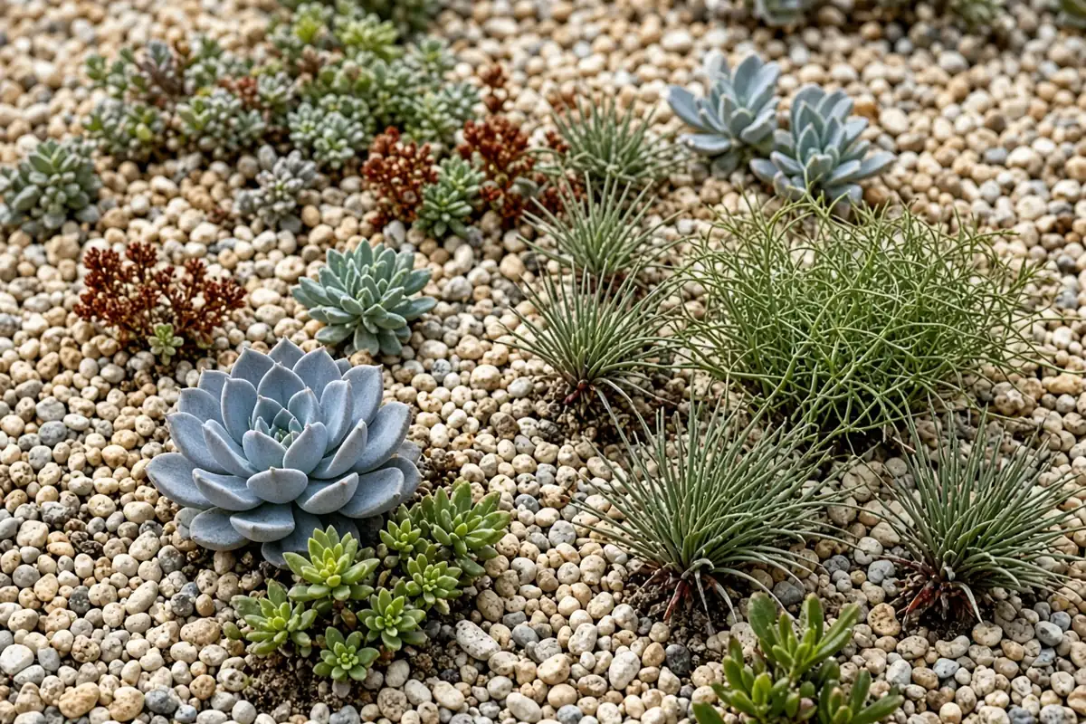 Low plants growing through gravel