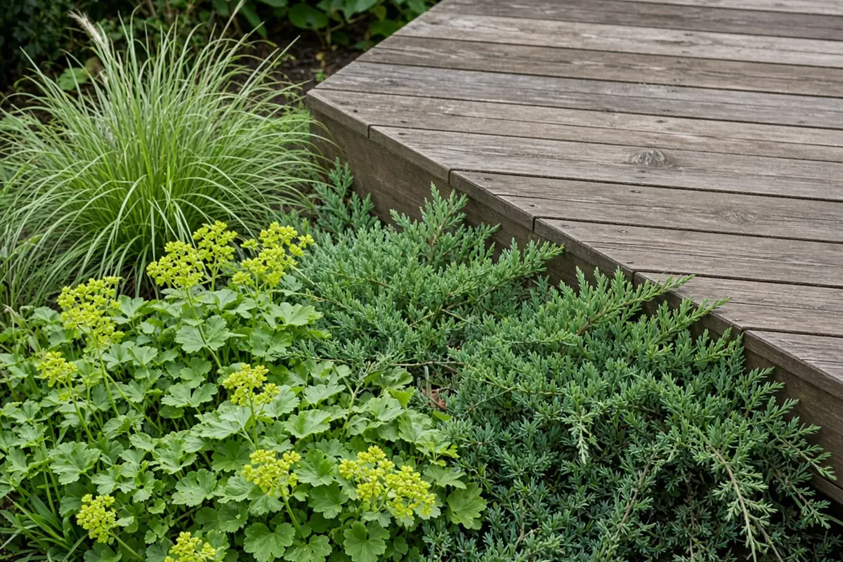 Low plants softening a deck corner