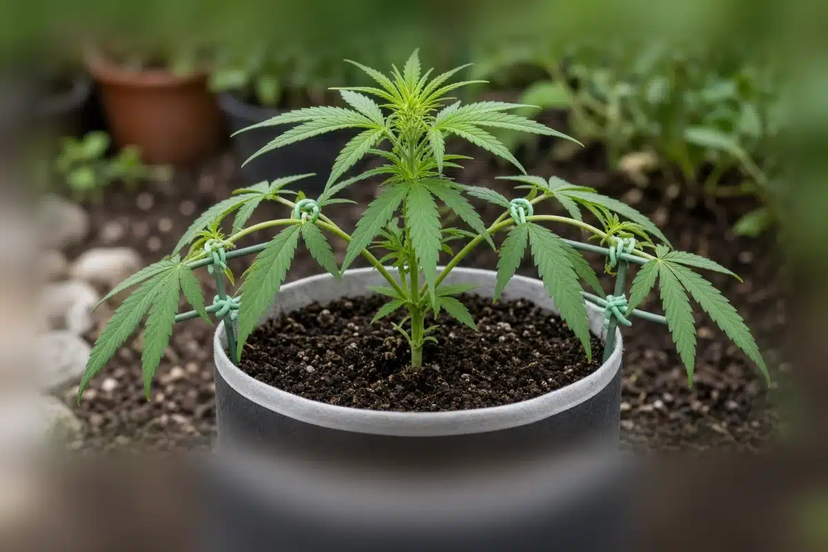Cannabis plant trained outward with low stress training
