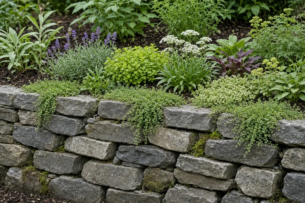 Low wall with plants along the top