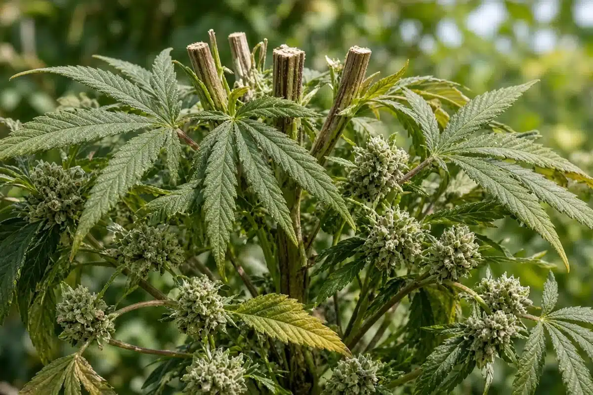 Close view of lower cannabis branches with smaller buds still on the plant after the top was cut
