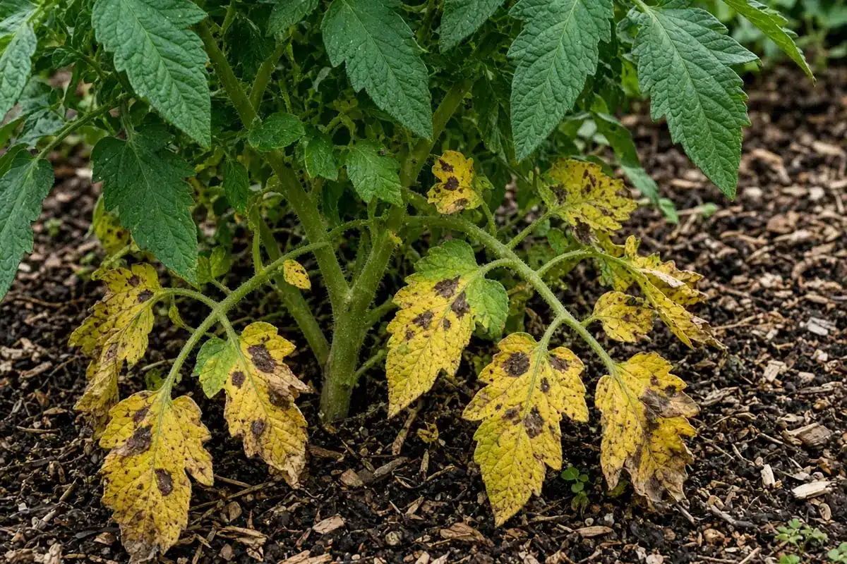 Lower tomato leaves yellowing from leaf spots