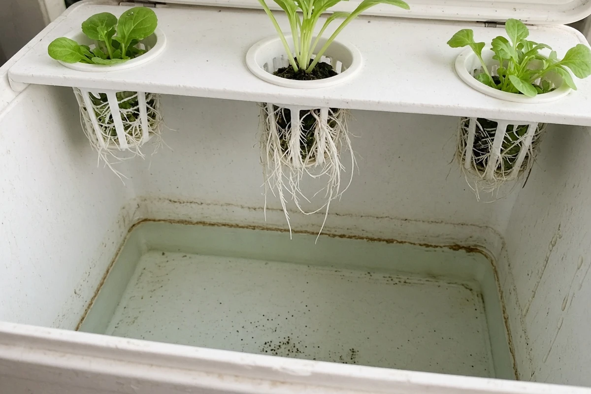 Lowered nutrient solution line inside a white tote with roots hanging below