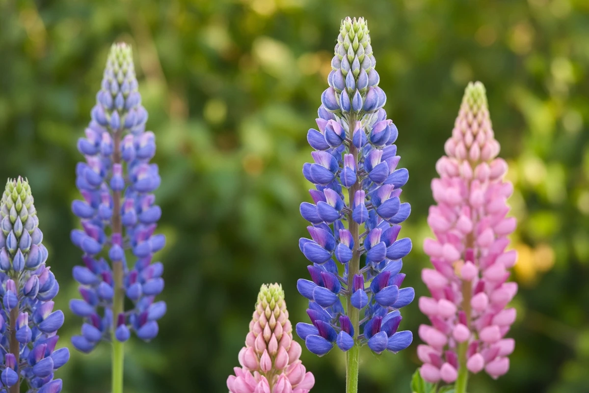 Lupine flower spikes in a garden