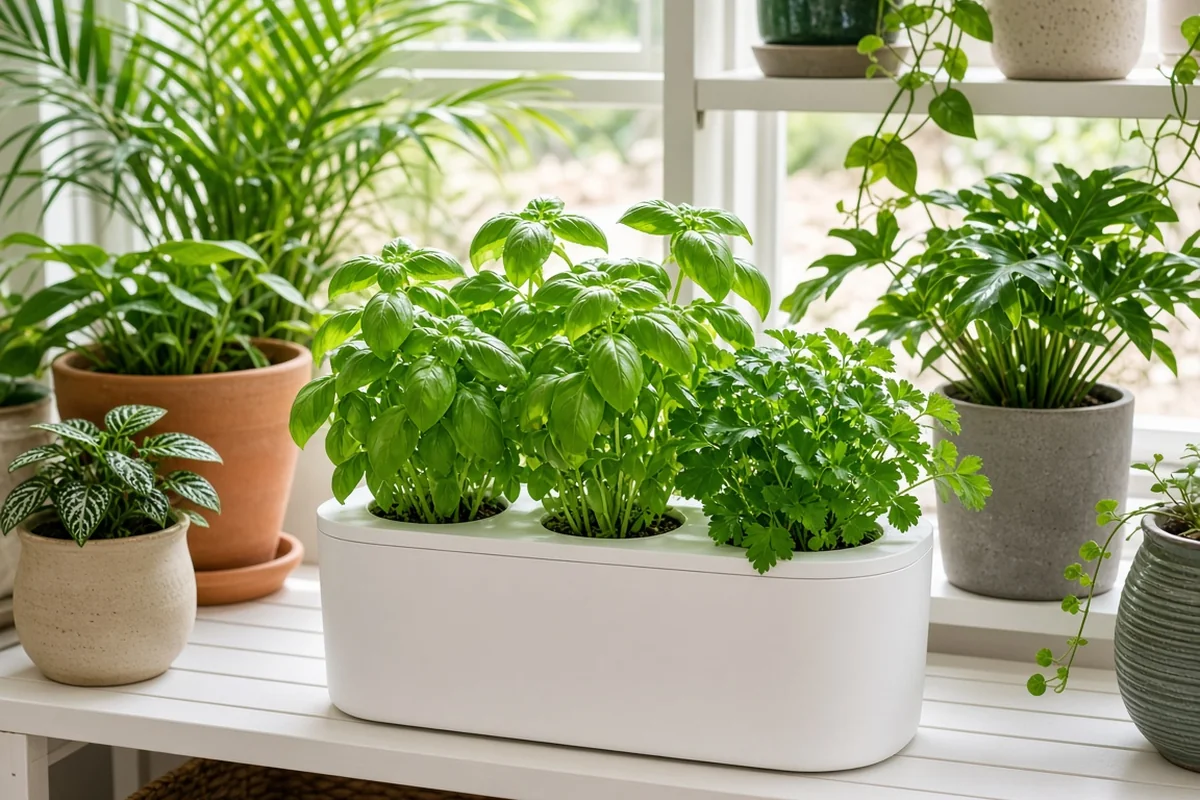 Lush basil and parsley in a hydroponic kit