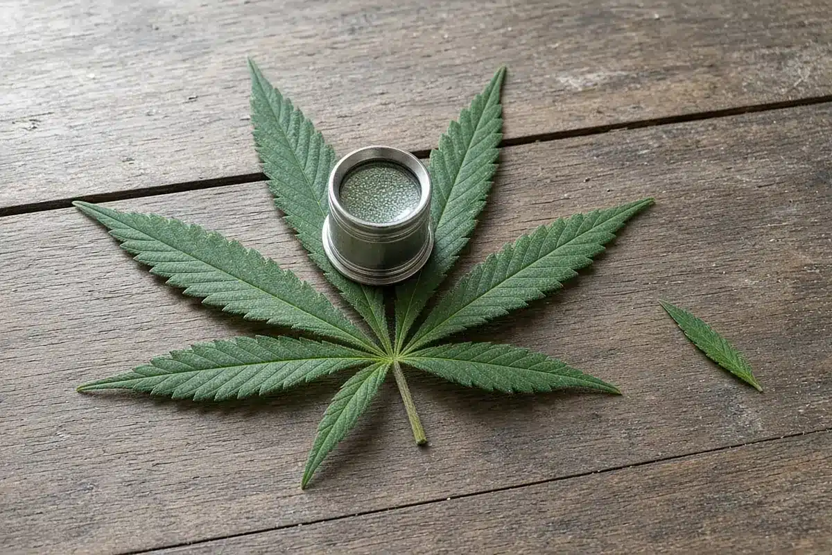 Magnifying loupe resting on a cannabis leaf