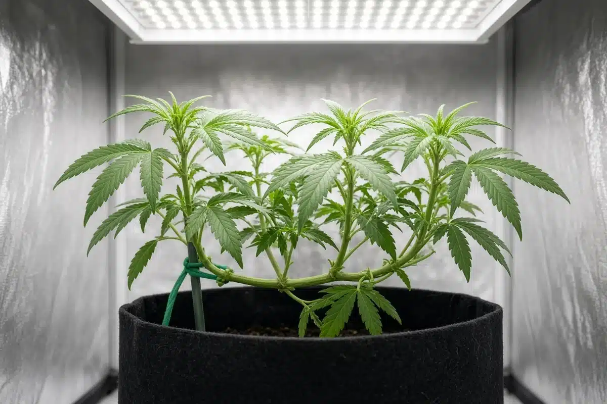 Bent cannabis main stem tied loosely sideways while several side shoots rise toward the grow light