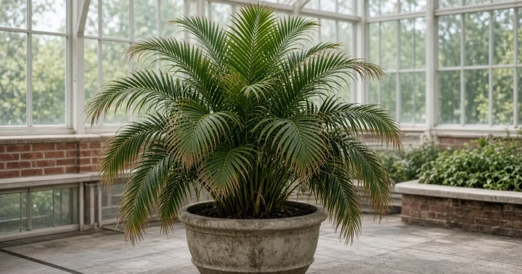 Majesty palm with browning frond tips indoors
