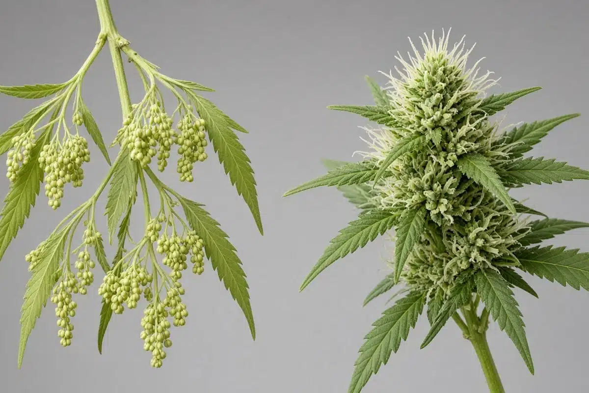 Side by side view of male pollen sacs and female pistils on two separate cannabis plants