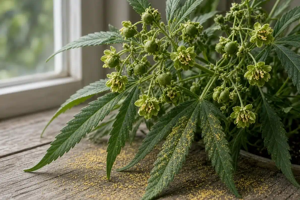 Male cannabis plant with open pollen sacs on a bench