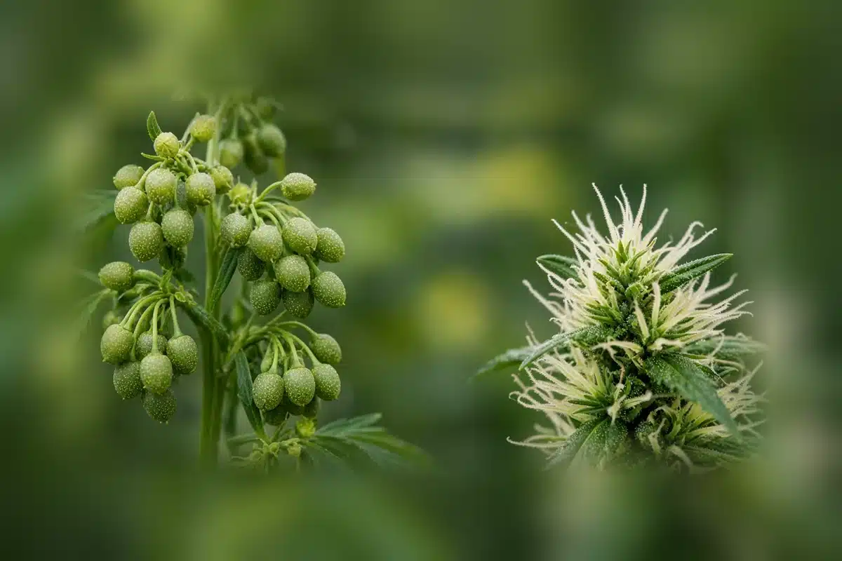Male pollen sacs beside a female cannabis flower
