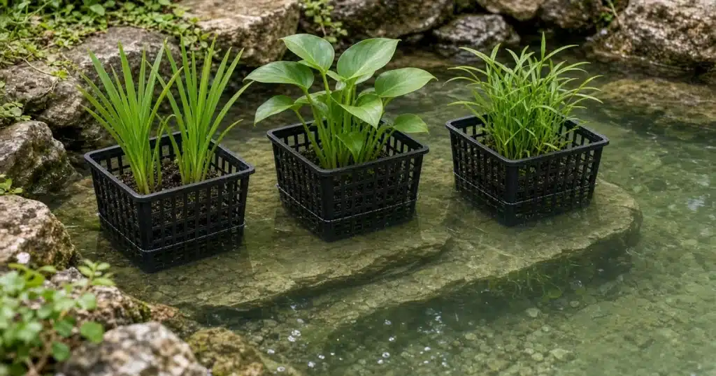 Pond edge with potted marginal plants on a shallow shelf