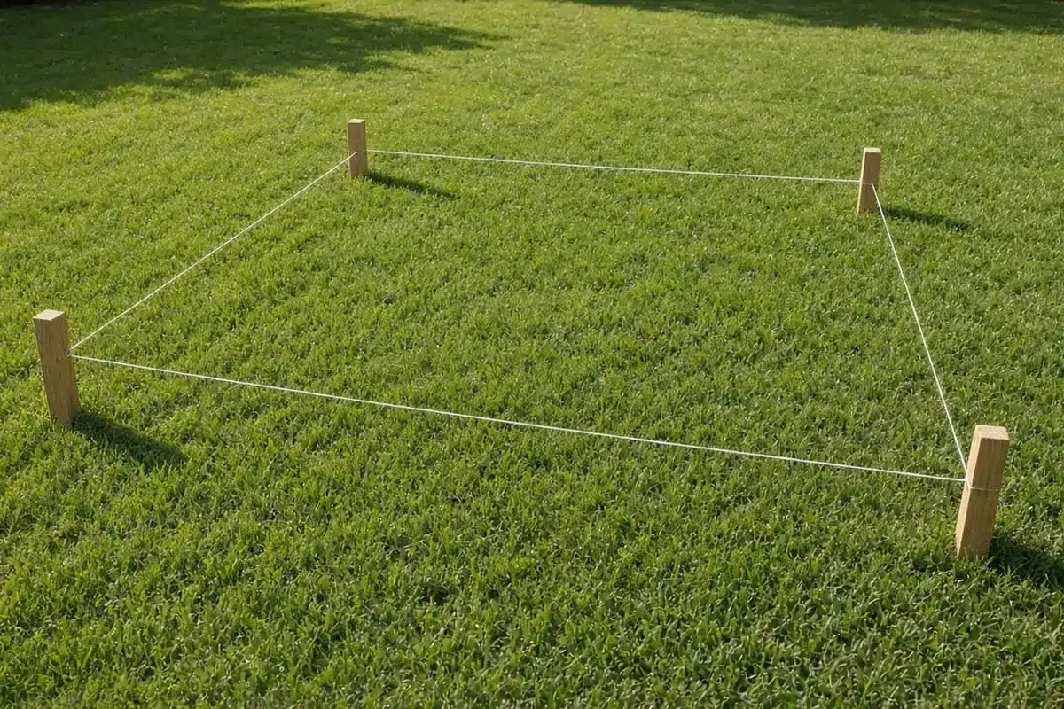 Stakes and string marking a rectangular greenhouse footprint on level grass in full sun