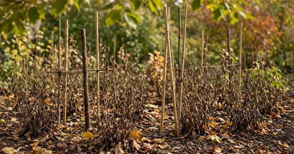 Garden bed with stakes beside dormant perennials in fall