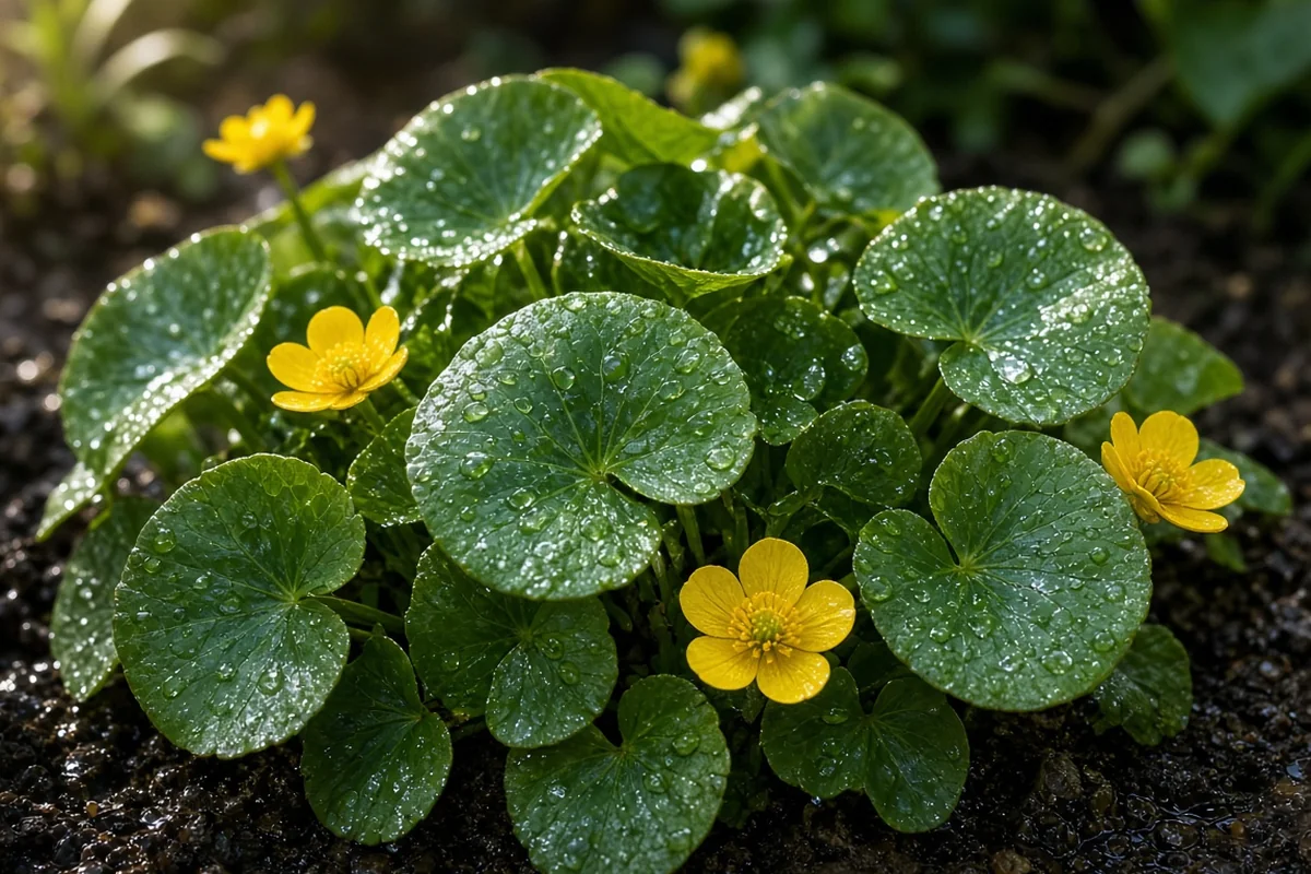 Marsh marigold leaves with yellow flowers in wet soil