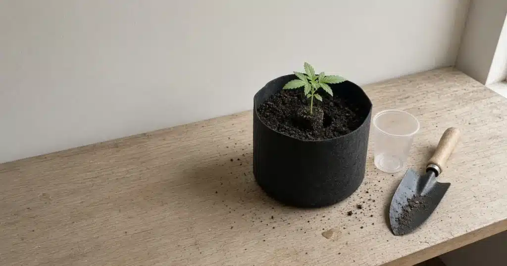 Cannabis seedling with its root ball set into a larger pot