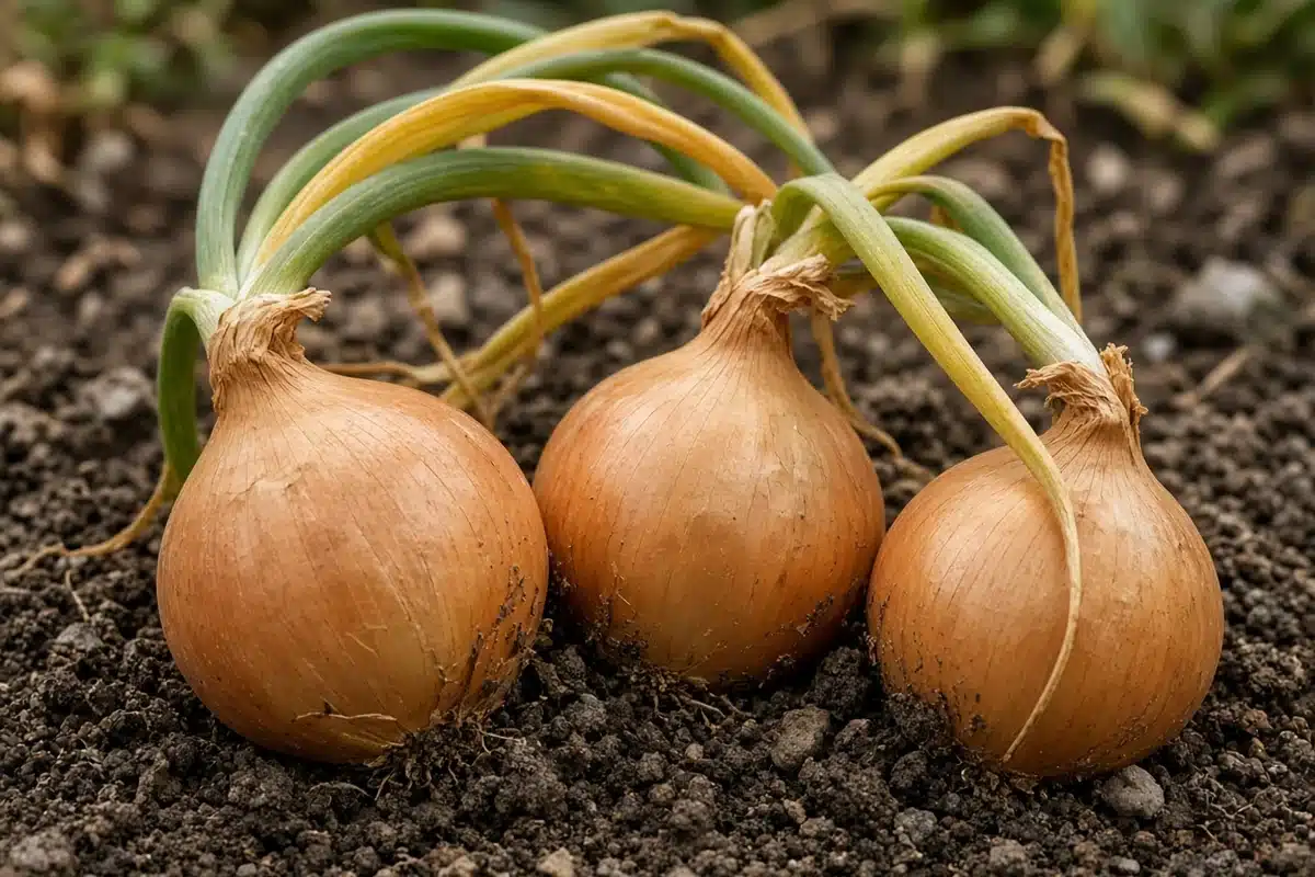 Mature onion bulbs pushing up from soil