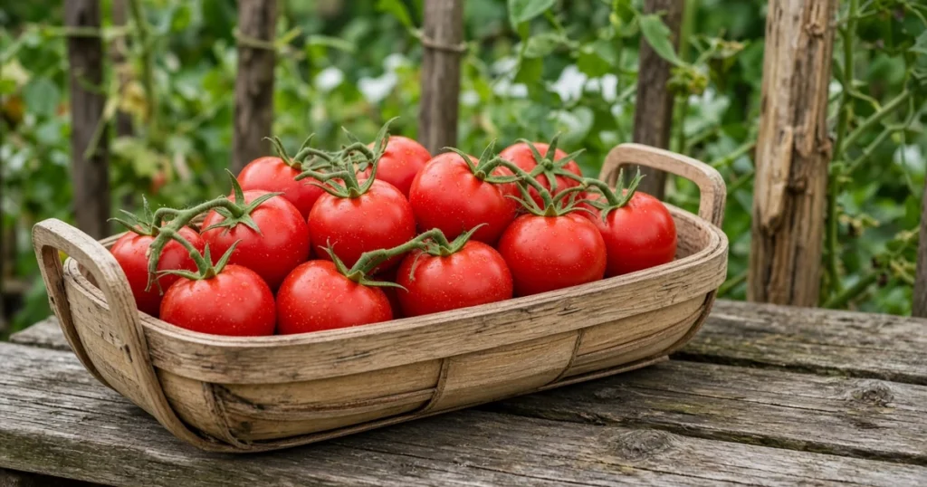 Ripe red tomatoes in a wooden trug on a garden potting bench