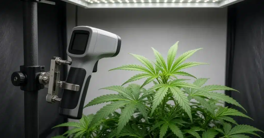 Infrared thermometer clamped to a tent pole and aimed at an upper cannabis leaf under a bright LED panel