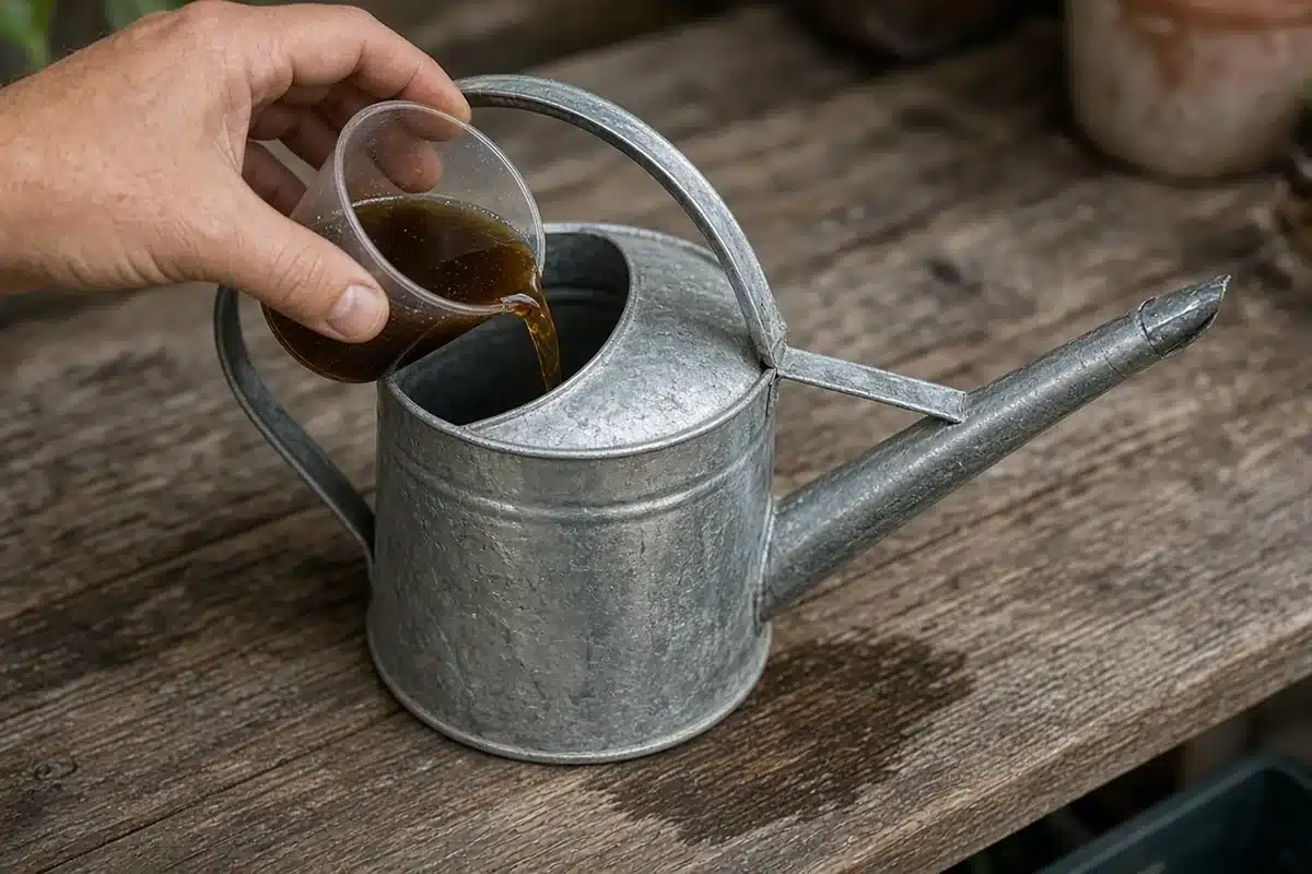 Measuring liquid nutrients into a watering can