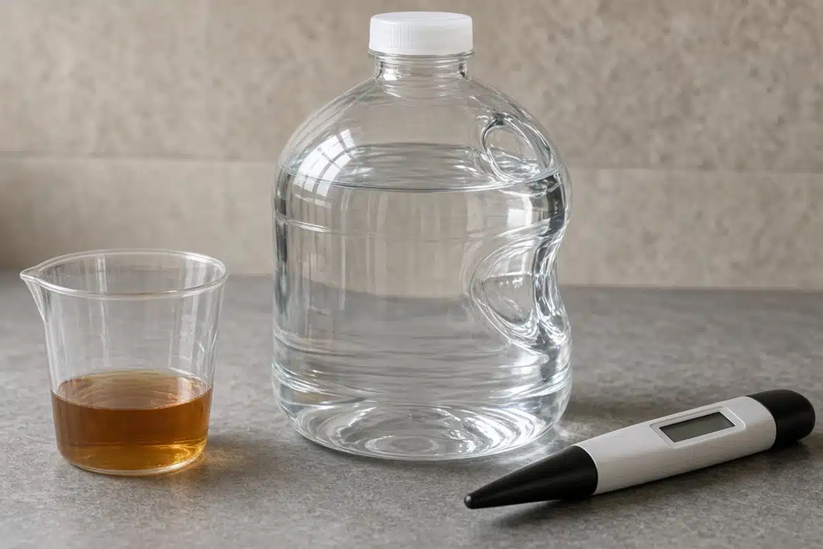 Measuring cup of liquid plant food beside a gallon jug of distilled water and a dissolved solids meter