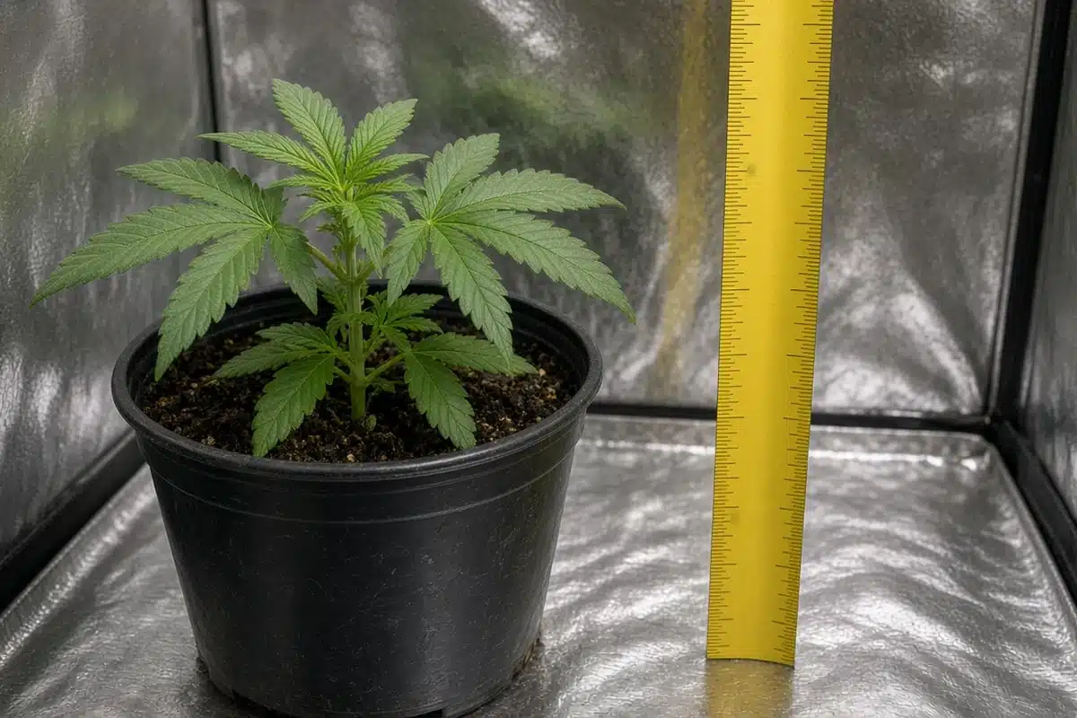Measuring tape standing next to a young cannabis plant in a pot to record its height for the week
