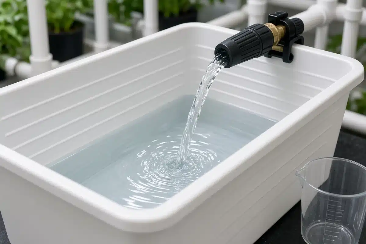 Measuring water into a hydroponic tank