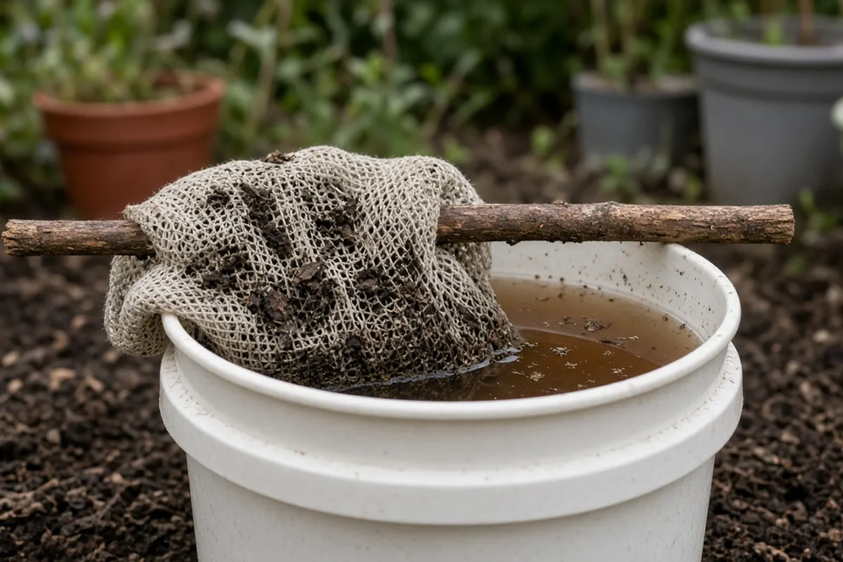 Mesh bag of compost resting over a bucket of water