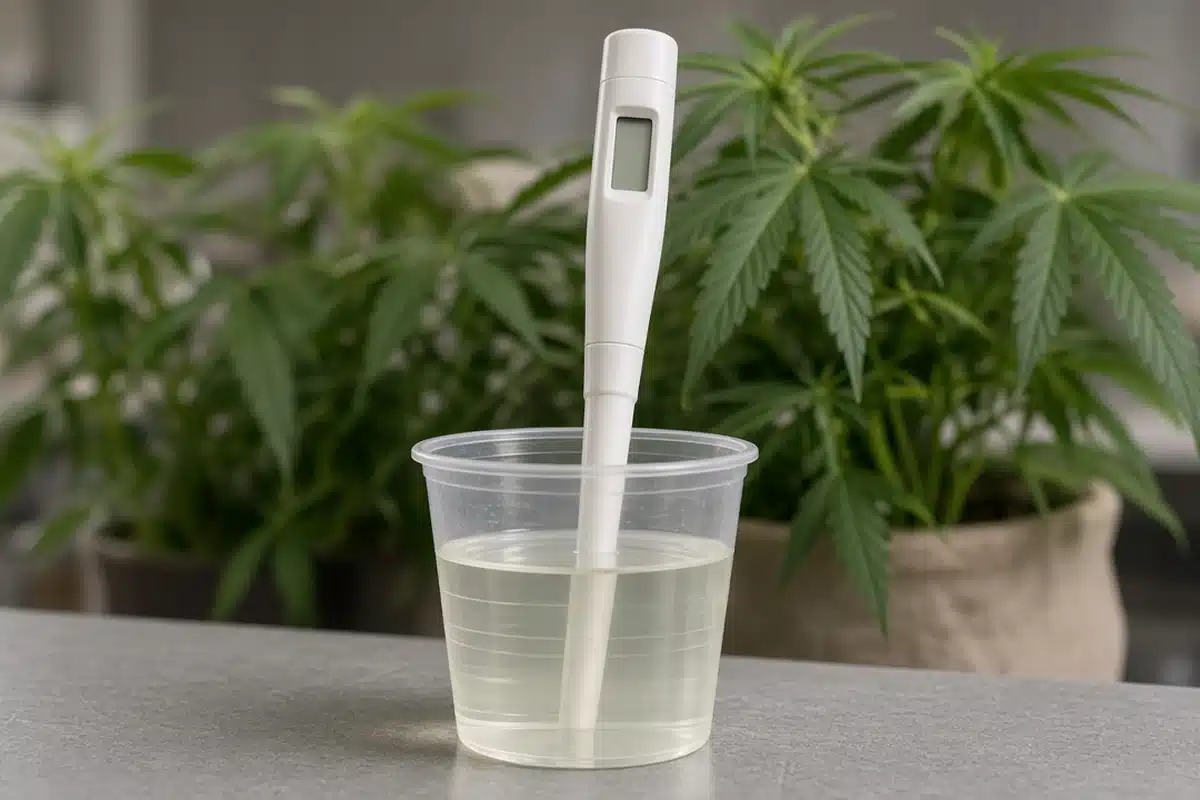 A pH meter probe standing in a solution cup of nutrient mix for cannabis plants