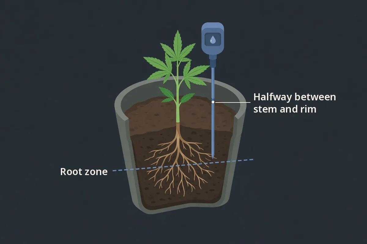 Diagram of a pot showing the meter insert point halfway between the stem and the rim at root depth