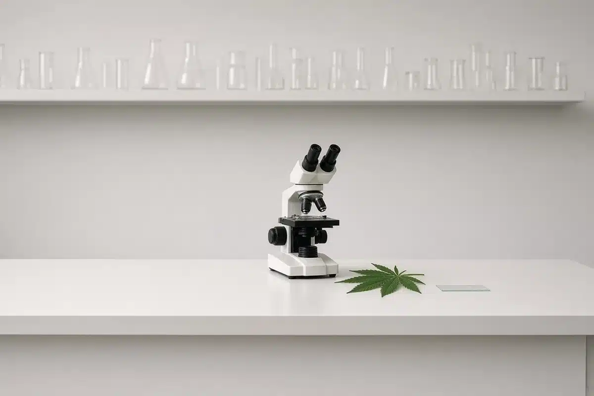 Microscope beside a cannabis leaf in a lab