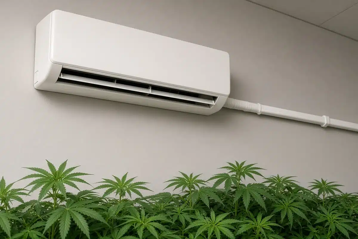 Indoor head of a ductless mini split mounted high on a grow room wall above leafy cannabis plants