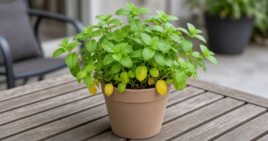 Potted mint with some yellow lower leaves